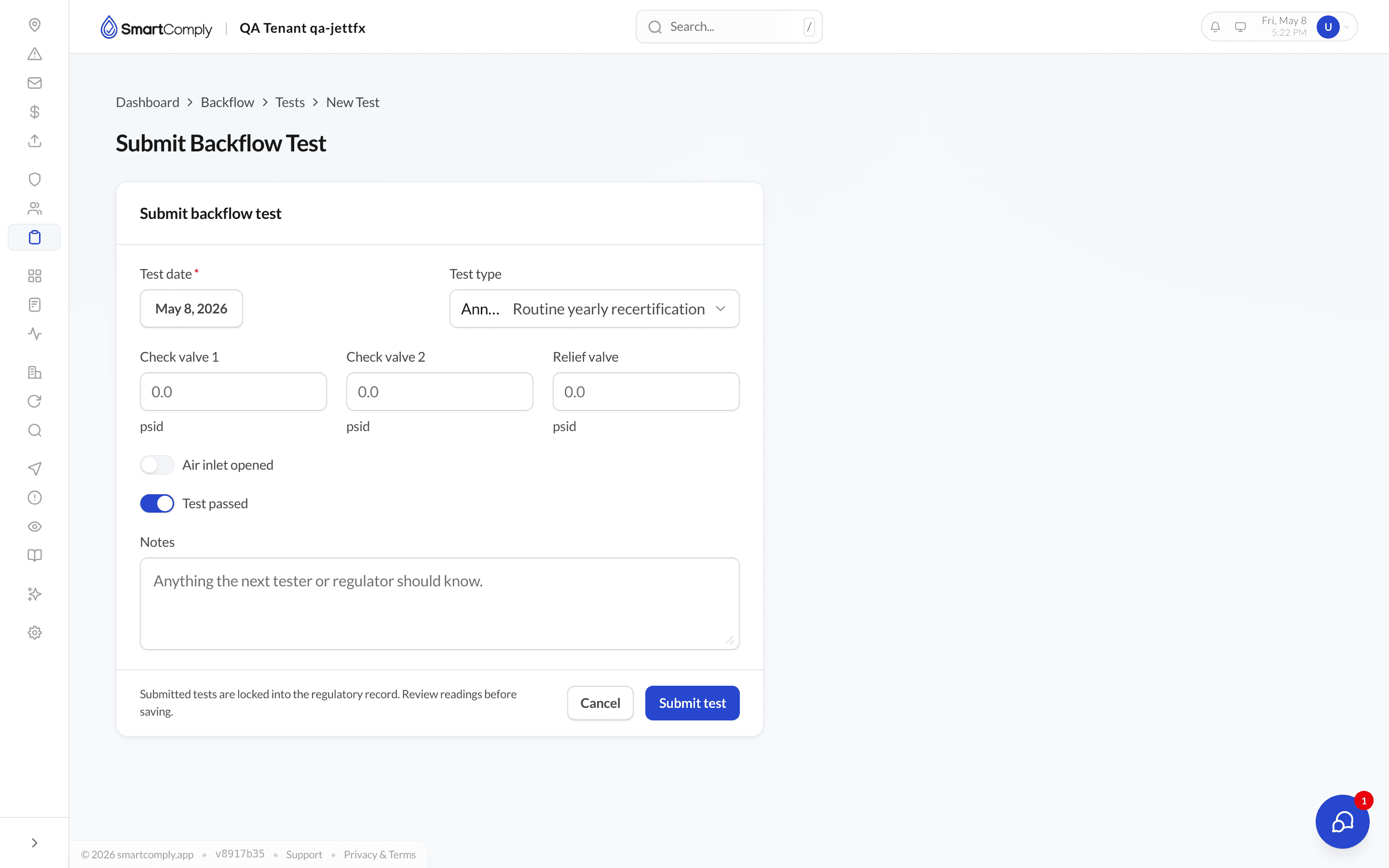 Backflow test form