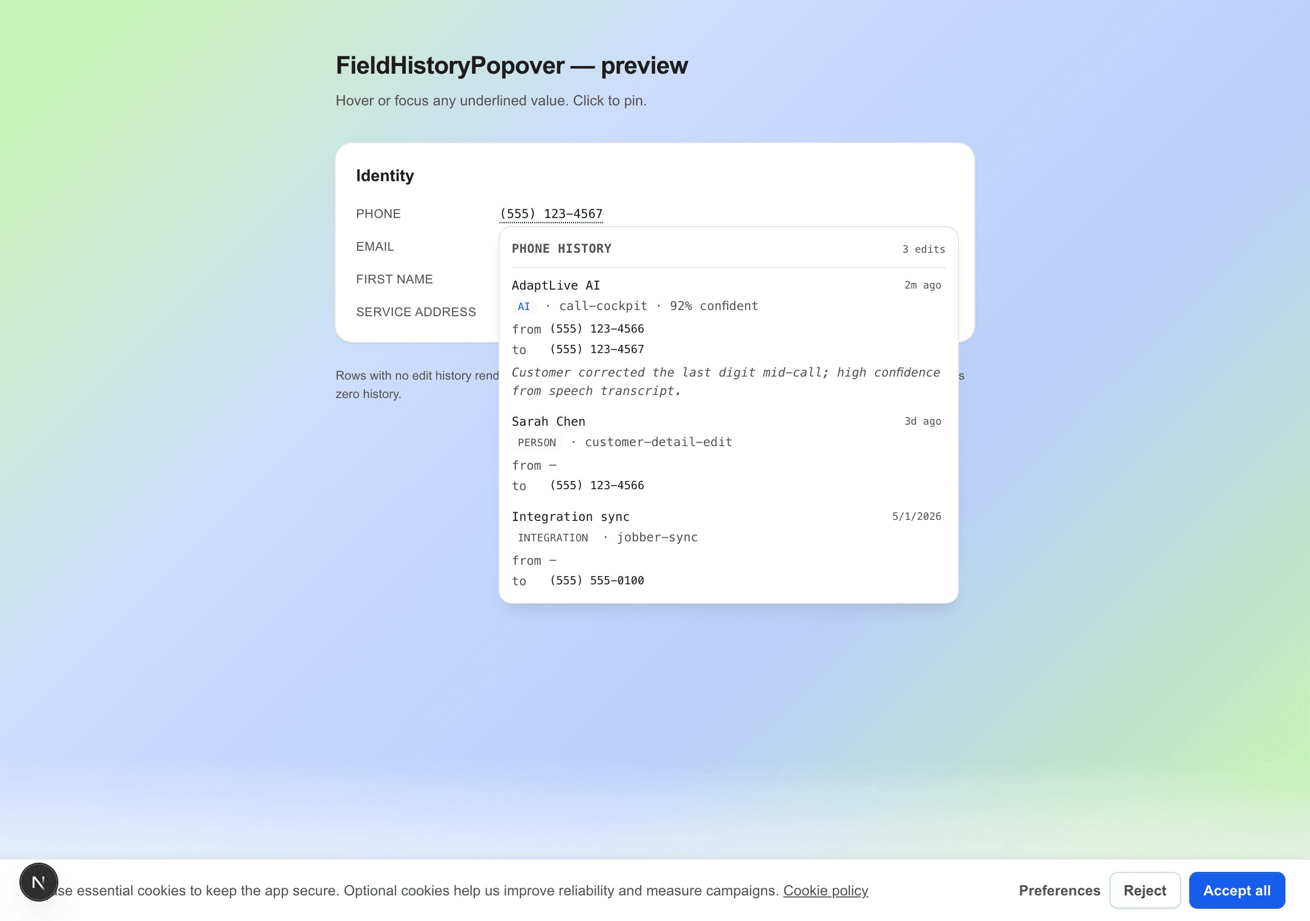 Field history popover showing an AI mid-call correction